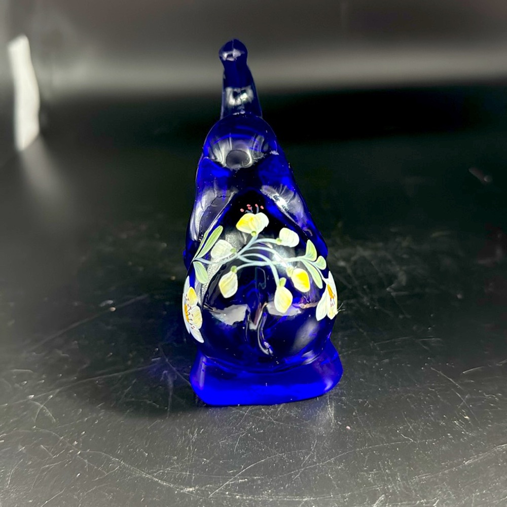 Fenton Cobalt Blue Glass Elephant Figurine with Hand Painted Floral Design - Picture 2 of 6